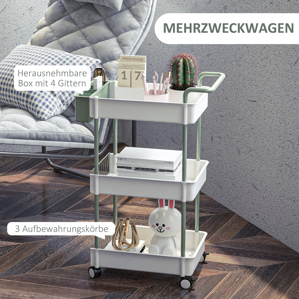 HOMCOM Rolwagen, serveerwagen met 3 niveaus, hangmand, opbergwagen met handvat, keukenwagen, bijzettafel voor keuken, woonkamer, kantoor, staal, wit