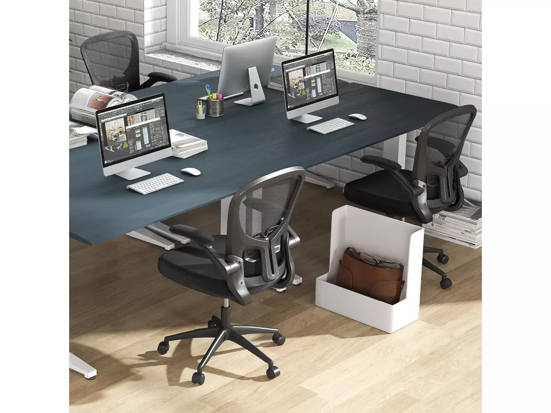 Chaise de Bureau Ergonomique, Chaise Pivotante avec Accoudoirs Escamotables, Soutien Lombaire Réglable et Dossier Basculant de 90° à 120°, pour Bureau, Chambre, Noir