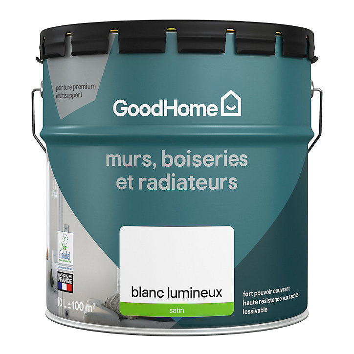 Peinture murs boiseries et métal GoodHome haute résistance blanc satin 10L