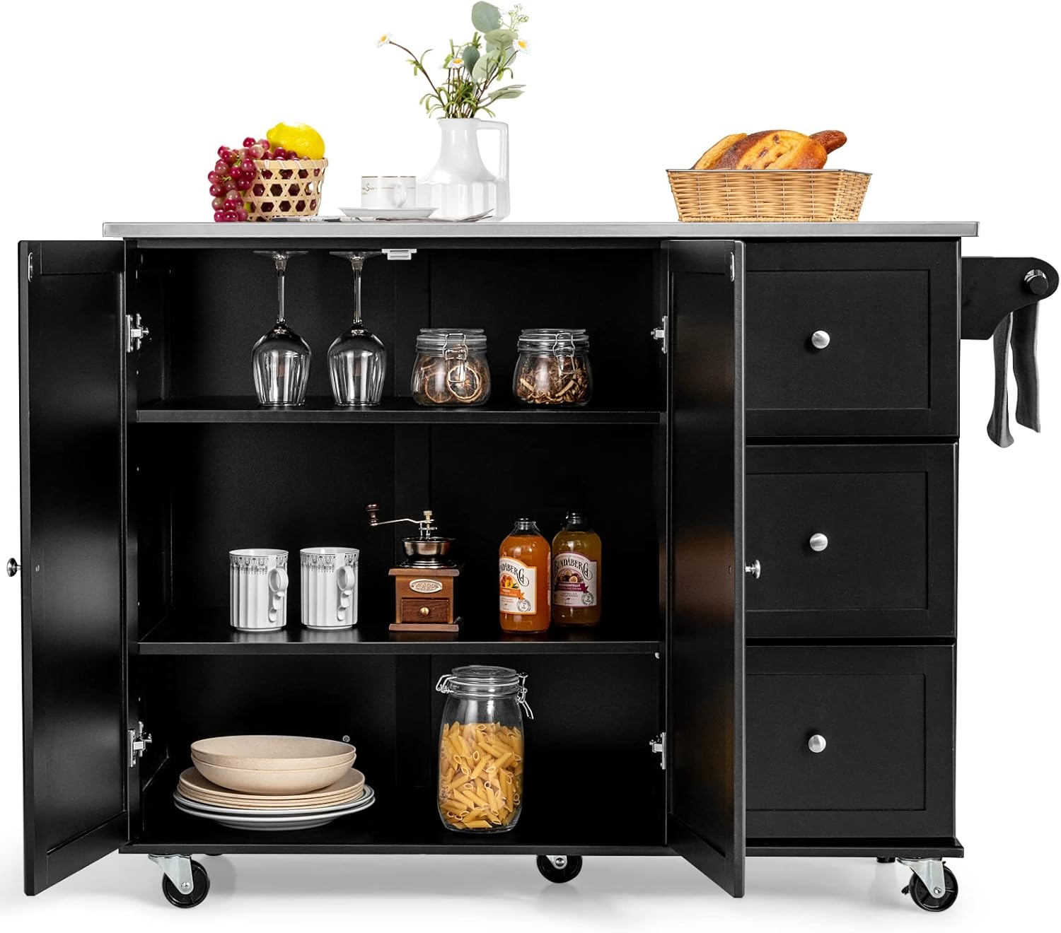 GIANTEX Küchenwagen mit Edelstahlplatte, Küchenschrank mit Rollen, bewegliche Kücheninsel mit 3 Schubladen & Verstellbaren Ablagen, Servierwagen Rollwagen Holz, Küchentrolley 135x45,5x91,5cm (Schwarz)