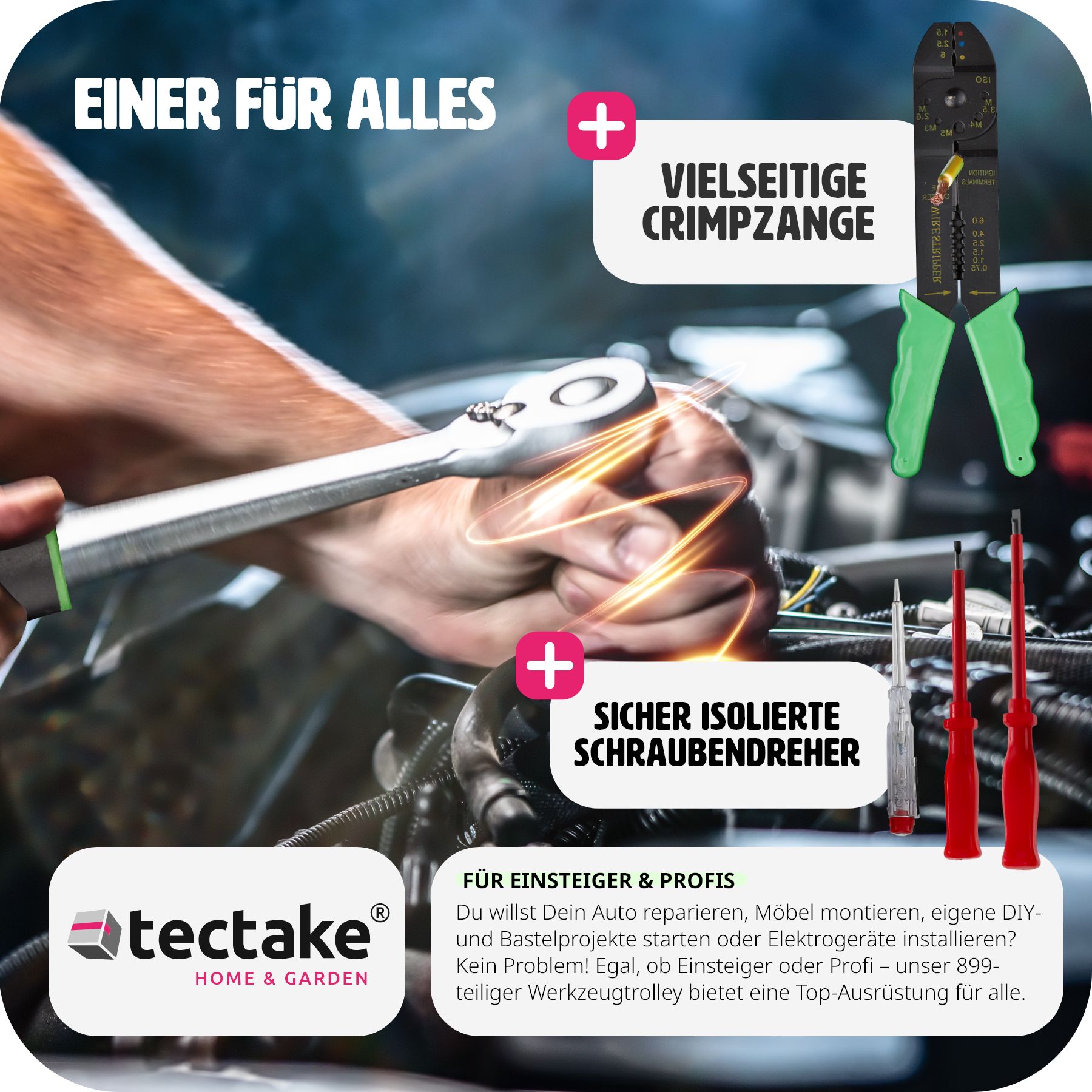 tectake® Werkzeugkoffer, 899-teilig, übersichtliche Anordnung auf 4 Ebenen, inklusive Sicherheitsstift, mit Klappgriff und Teleskopgriff