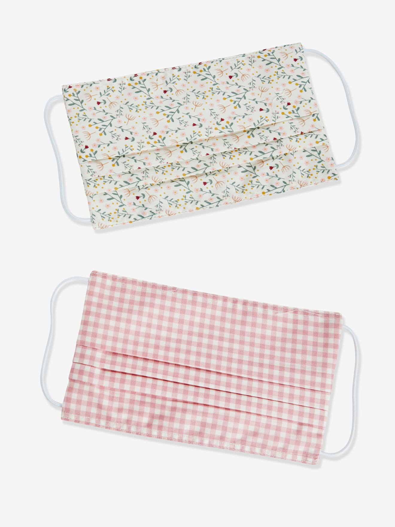 Conjunto de 2 máscaras faciais estampadas e laváveis para meninas, tamanho médio, xadrez rosa.