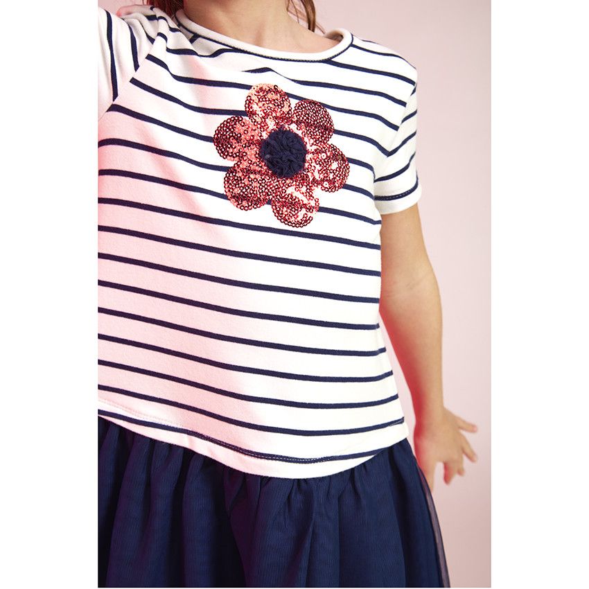 Robe manches courtes bi-matière effet 2 en 1 avec sequins pour fille - Ecru