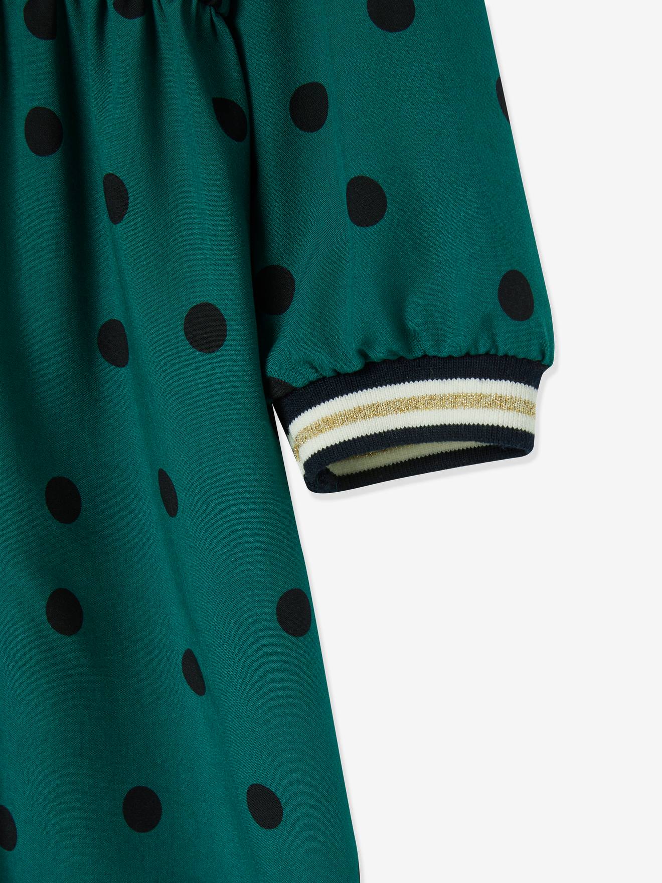 Vestido verde escuro de bolinhas para meninas
