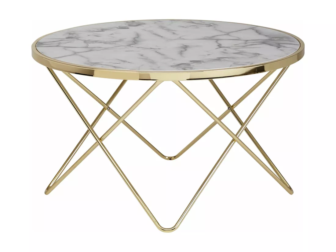 basse design aspect marbre blanc rond Ø 85 cm structure métal doré | Grande table de salon
