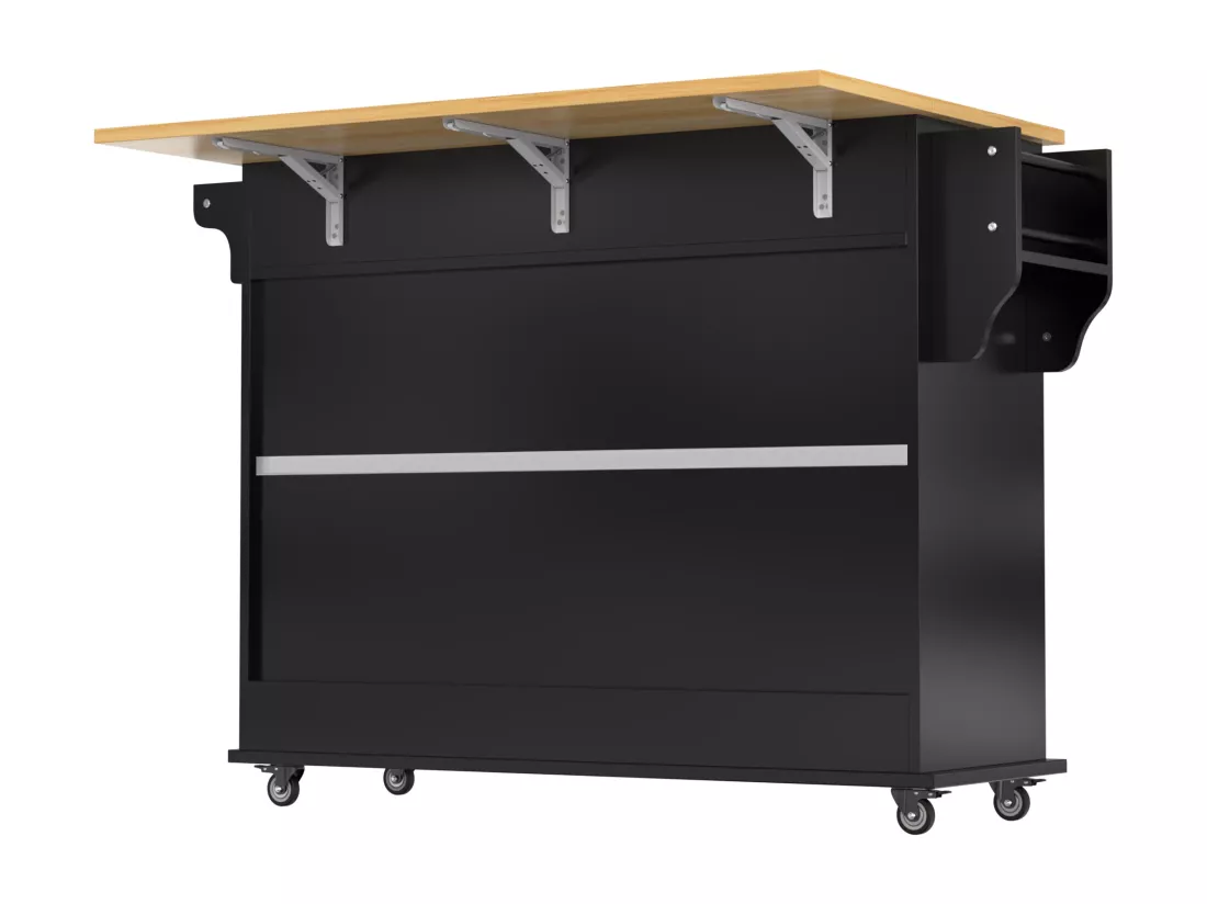 Ilot central de cuisine mobile avec 2 portes coulissantes - plateau extensible - 112x40(70)x94 cm - Bois MDF + métal - Noir et bois