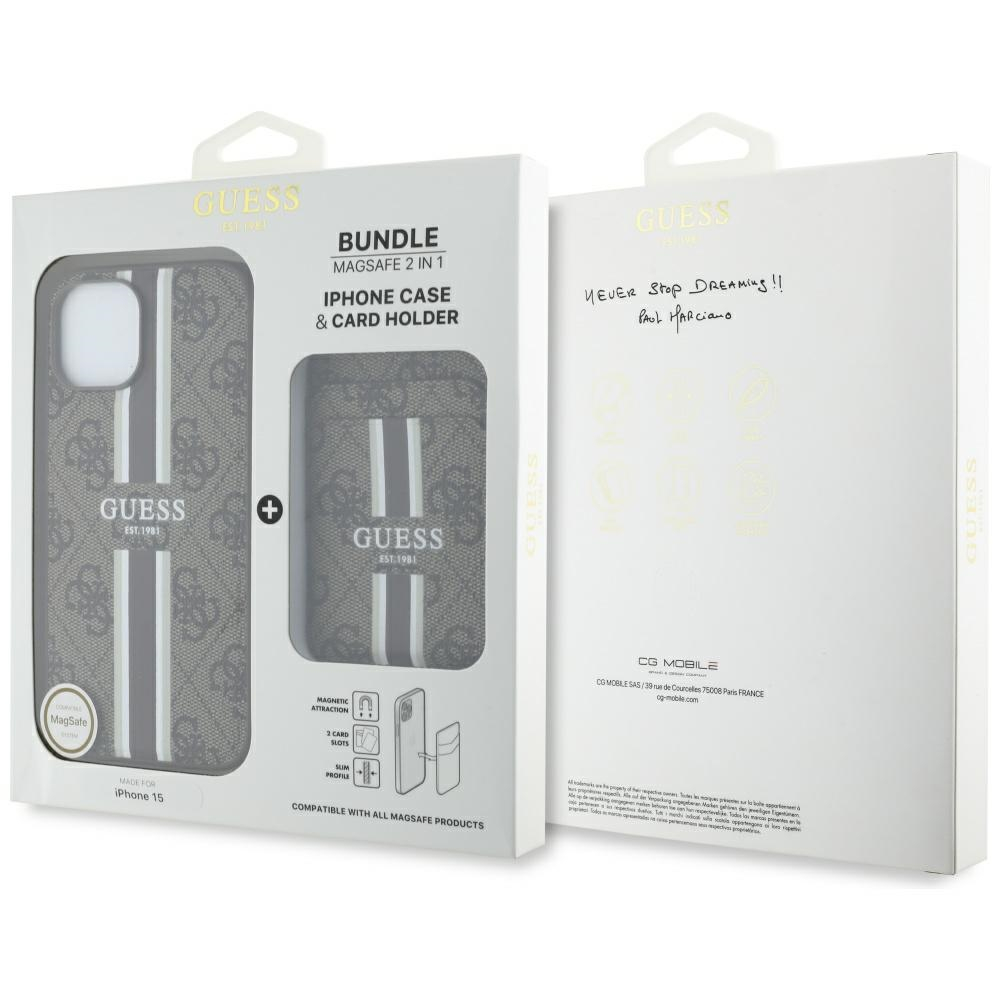 iPhone 15 MagSafe 2in1 Leder Hülle Wallet Case mit Magnetischem Kreditkartenfach 4G Stripes (GUBPHCP15SP4RPSW) - Braun