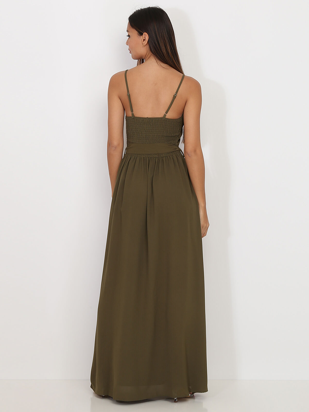 Robe longue à boutons et ceinture- Kaki