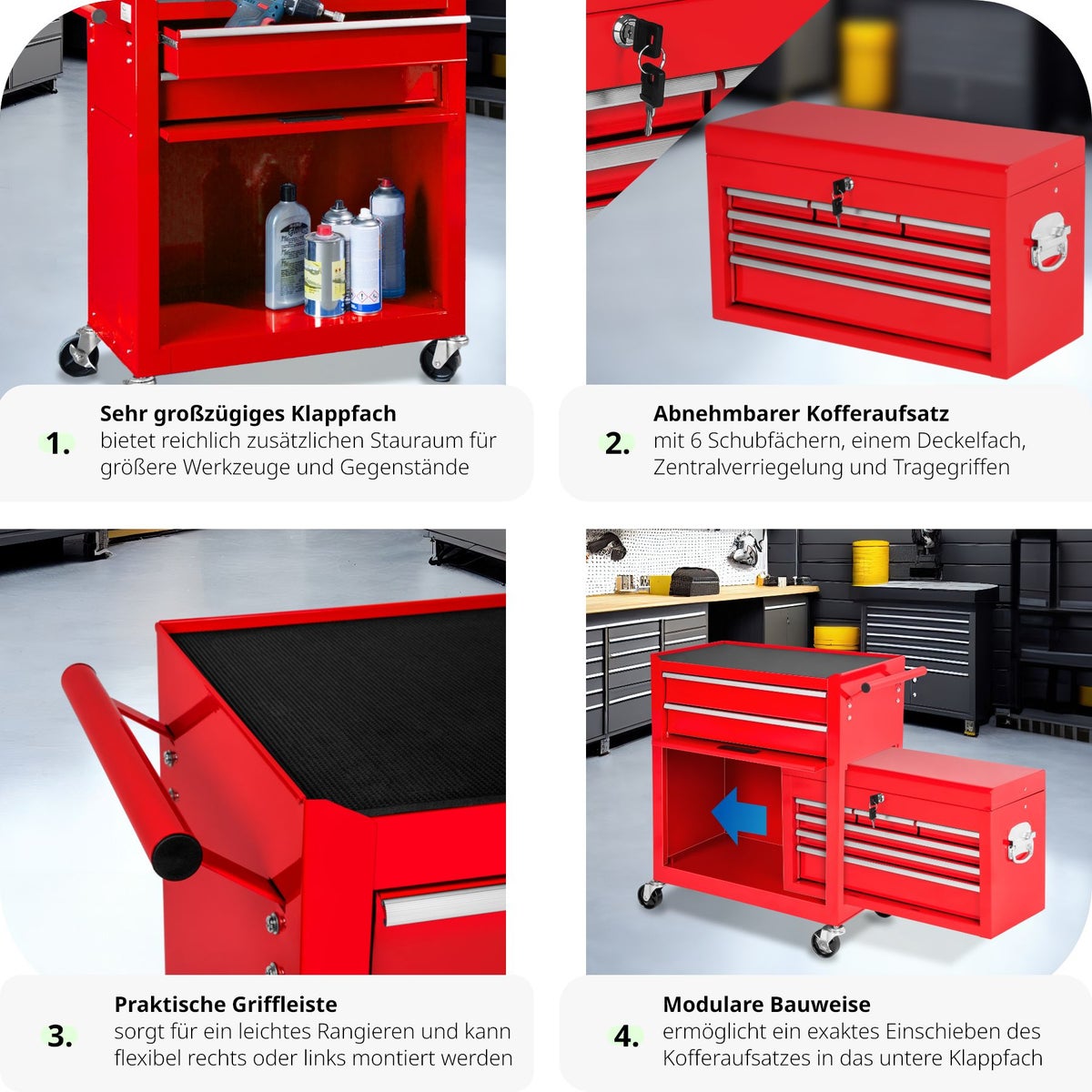 tectake gereedschapswagen met 8 kogelgelagerde laden met antislipmatten en wielen met een diameter van 100 mm.