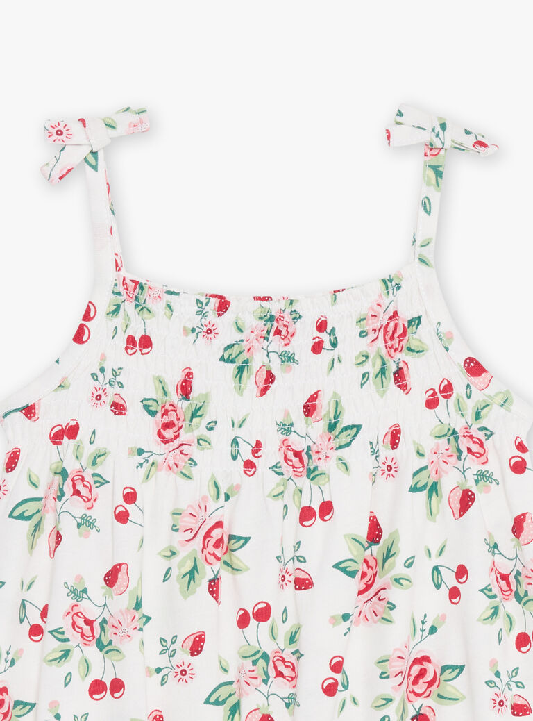 Barboteuse blanche et rouge en jersey à imprimé cerises, fraises et bouquet de fleurs