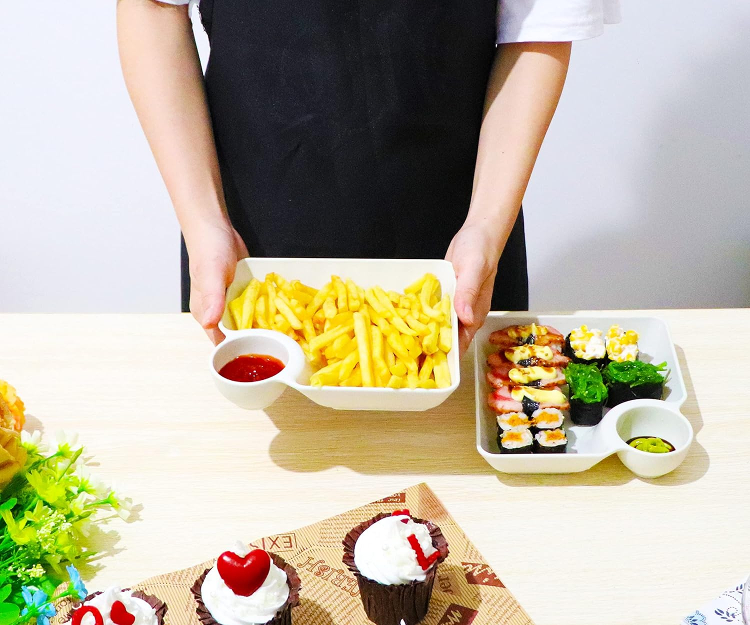 (180x165mm) 2-fach Teller Dip Platte mit Saucen Schälchen Party Snack Teller Apéro Schale - Weiss