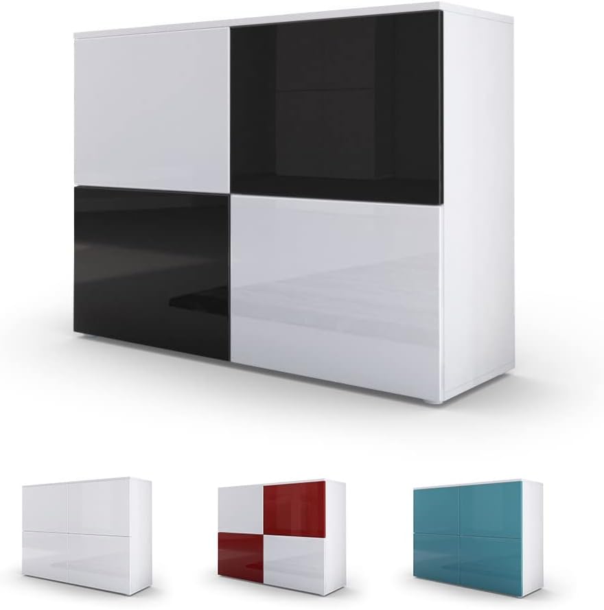 Vladon Sideboard Rova, Made in Germany, Kommode mit 4 Türen, Weiß matt/Weiß Hochglanz/Weiß Hochglanz (92 x 72 x 35 cm)