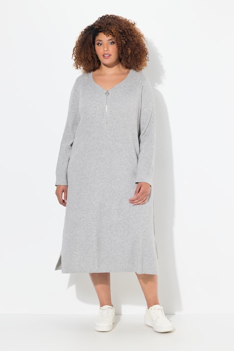Rippjersey-Midikleid, Zipper, A-Linie, V-Ausschnitt, Langarm