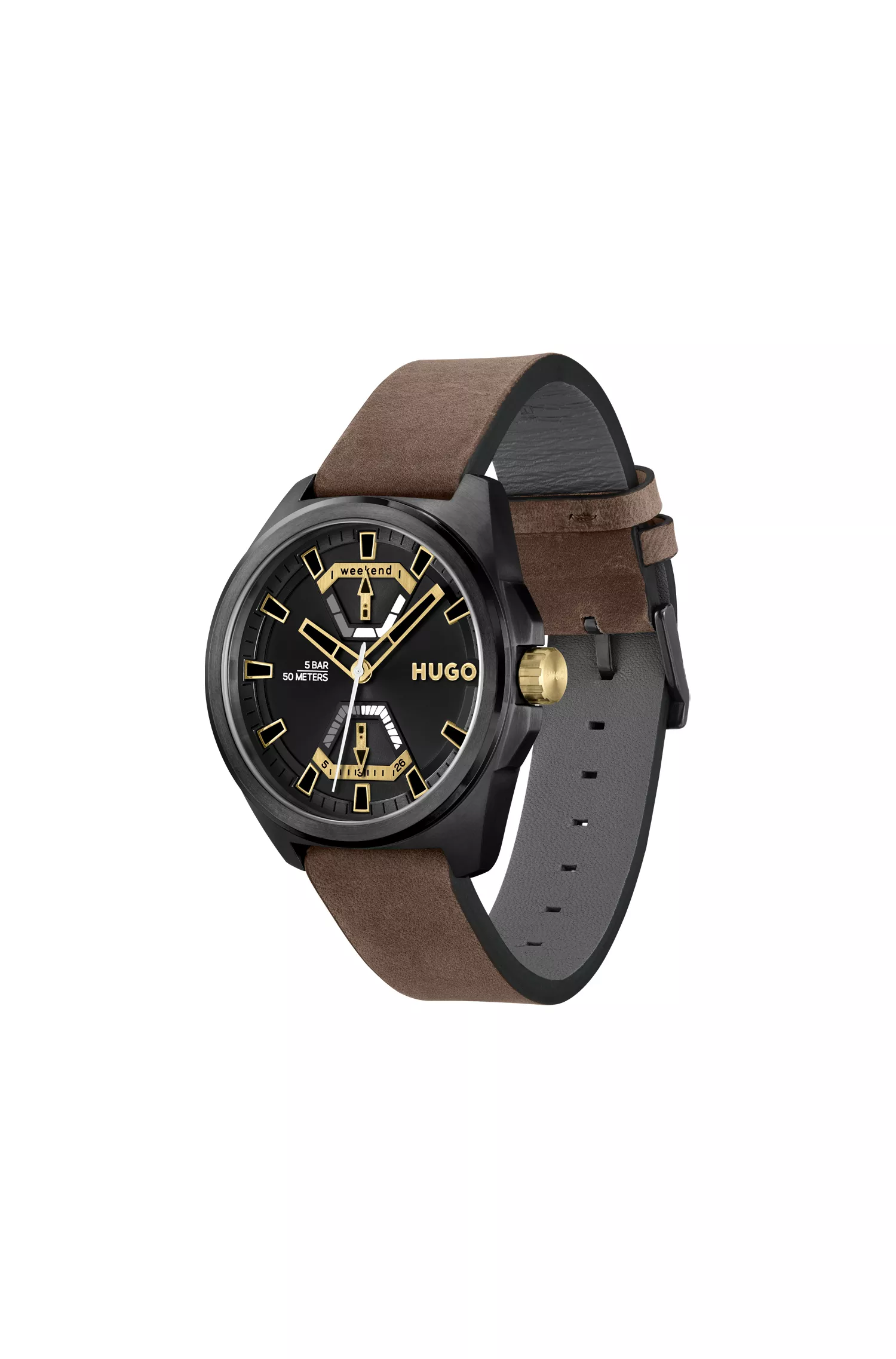 Relógio HUGO com revestimento em vermelho e preto e pulseira de couro marrom.