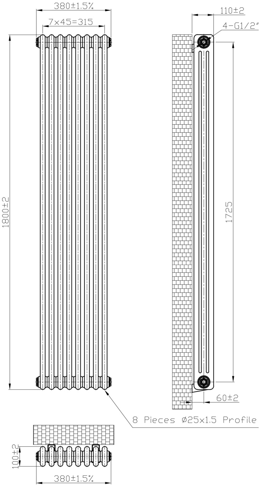Eastbrook Imperia 3 koloms radiator 40x180cm 2099W zwart mat