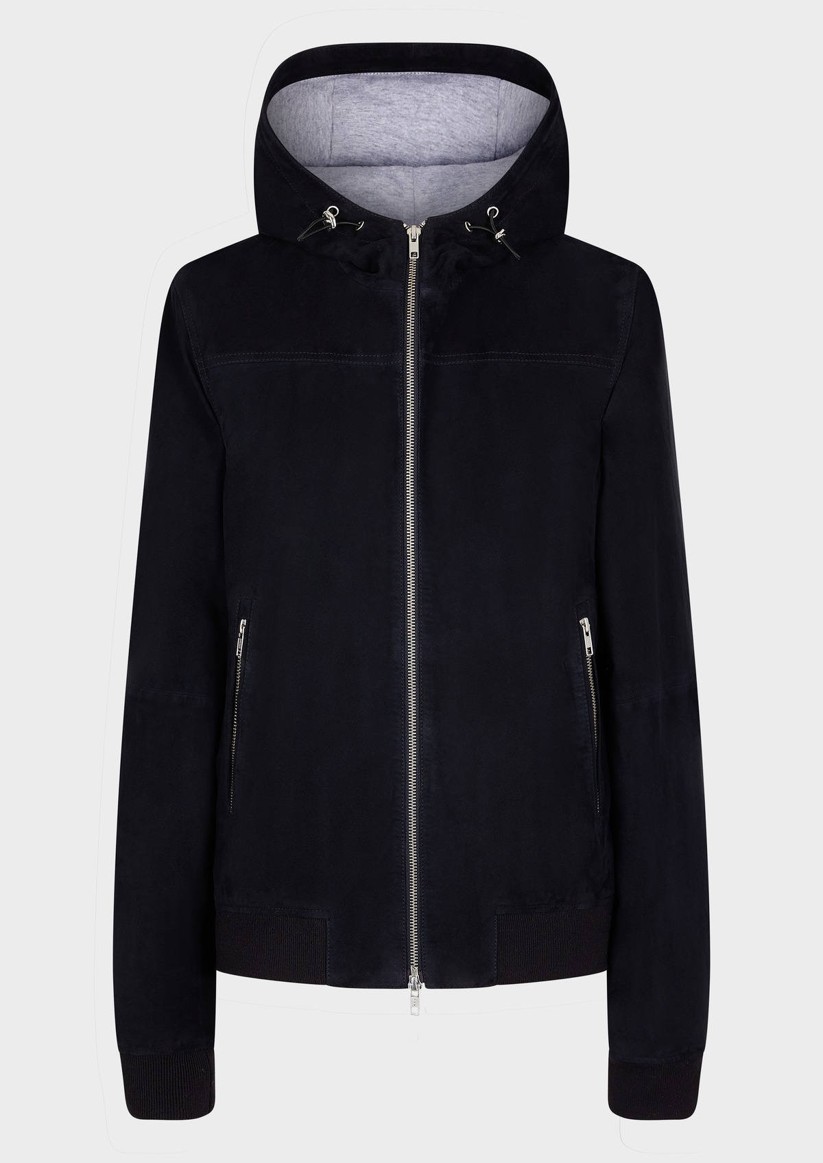 Blouson en cuir nubuck uni bleu marine à capuche