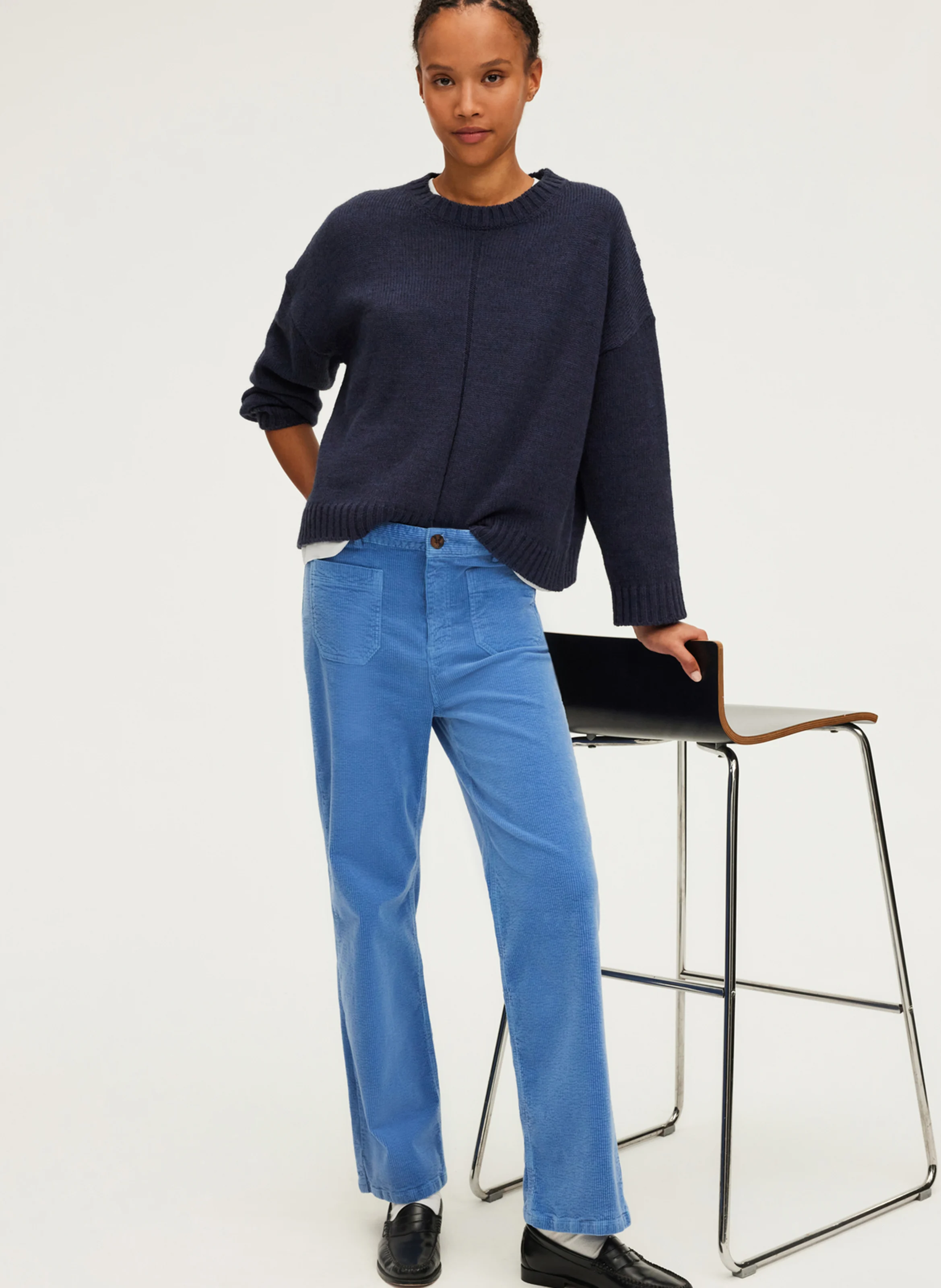 NANETTE - Pantalon droit en velours beige de coton | Bleu
