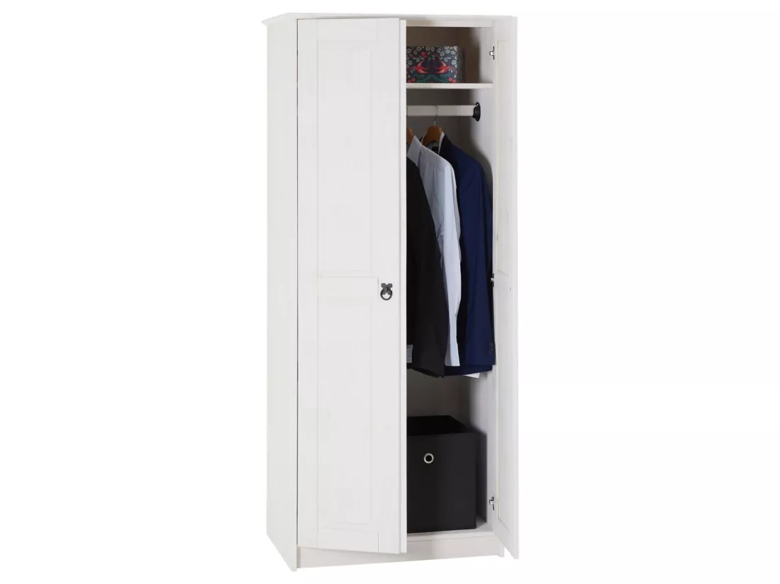 Armoire RESIDENCIA en pin lasuré blanc, penderie pour vêtements style mexicain avec 2 portes