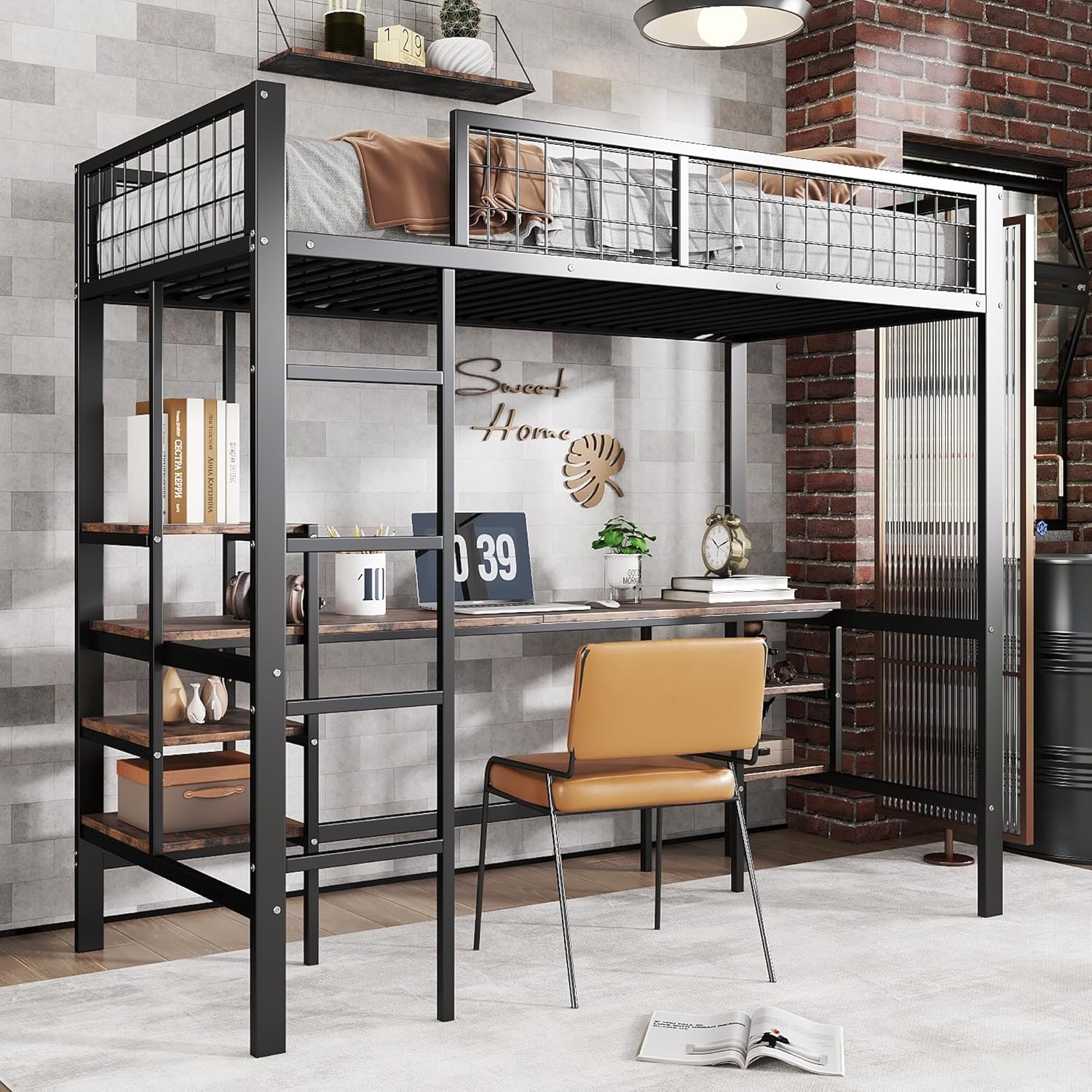 Merax Hochbett 90x200cm mit Schreibtisch & Lagerregal, Stabile Metallbett Etagenbett mit Lattenrost & Rausfallschutz, Platzsparend Stockbett Kinderhochbett Jugendhochbett, Eisen+Spanplatte, Schwarz