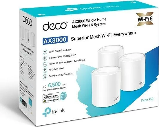 TP-Link Deco X50 (3-pack), Hvid, Intern, CE: <20 dBm (2.4 GHz) <23 dBm (5 GHz) FCC: <30 dBm (2.4 GHz) <30 dBm (5 GHz), Dual-band (2,4 GHz / 5 GHz), Wi-Fi 6 (802.11ax), 802.11a, 802.11b, 802.11g, Wi-Fi 4 (802.11n), Wi-Fi 5 (802.11ac), Wi-Fi 6 (802.11a