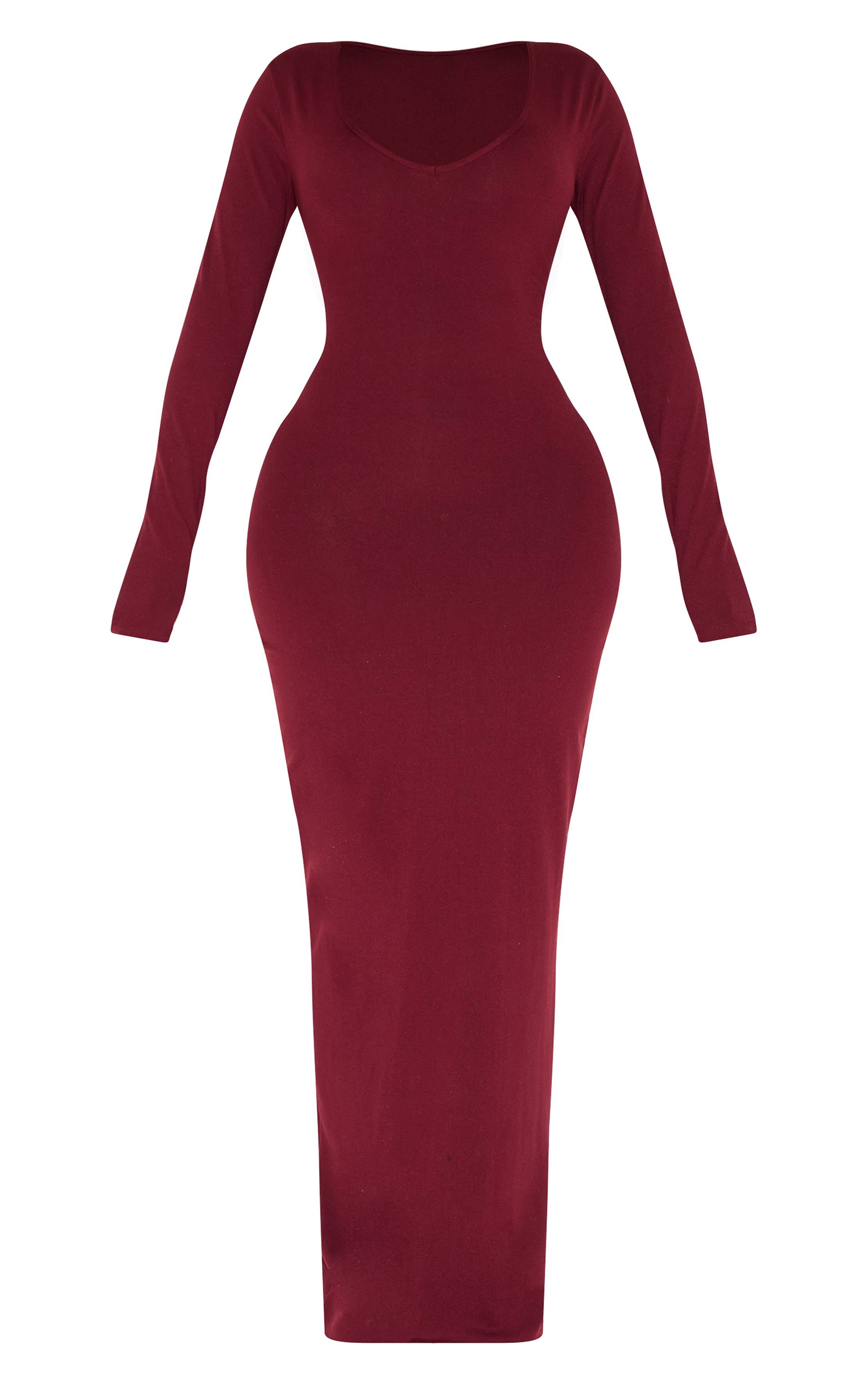 Rouge Bordeaux Robe Maxi Sculptante À Encolure En V Et Manches Longues