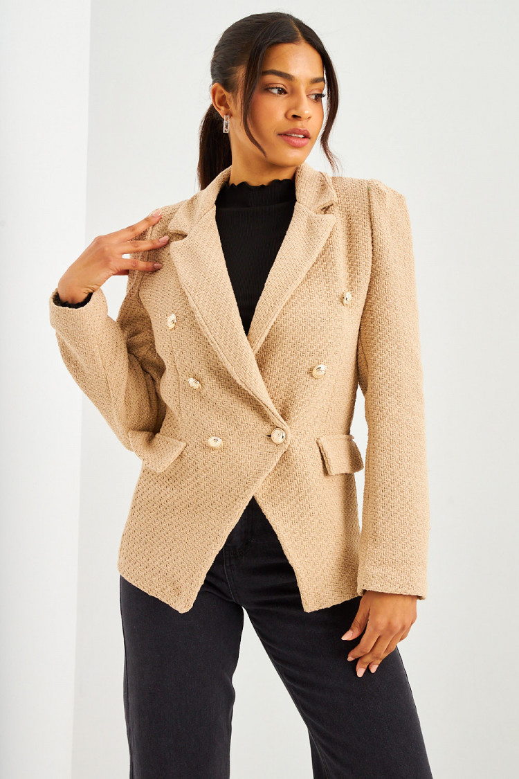 Blazer beige aspect tweed boutons perles