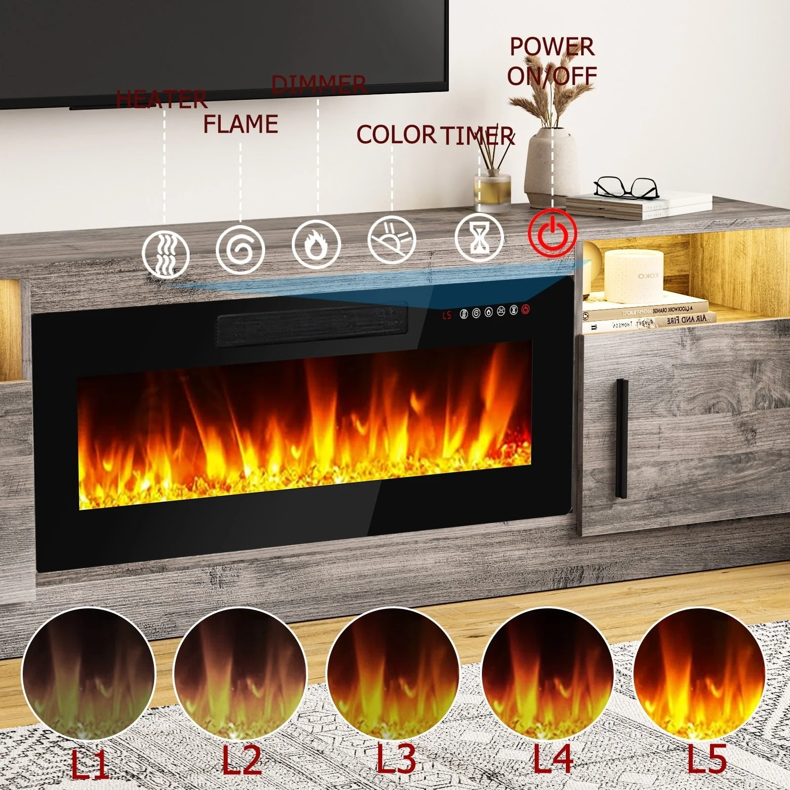 Bossin 70 Fireplace TV Stand with 36 Electric Fireplace, TV Stand for TVs Up to 80, 16 Colors LED Lights/Entertainment Center