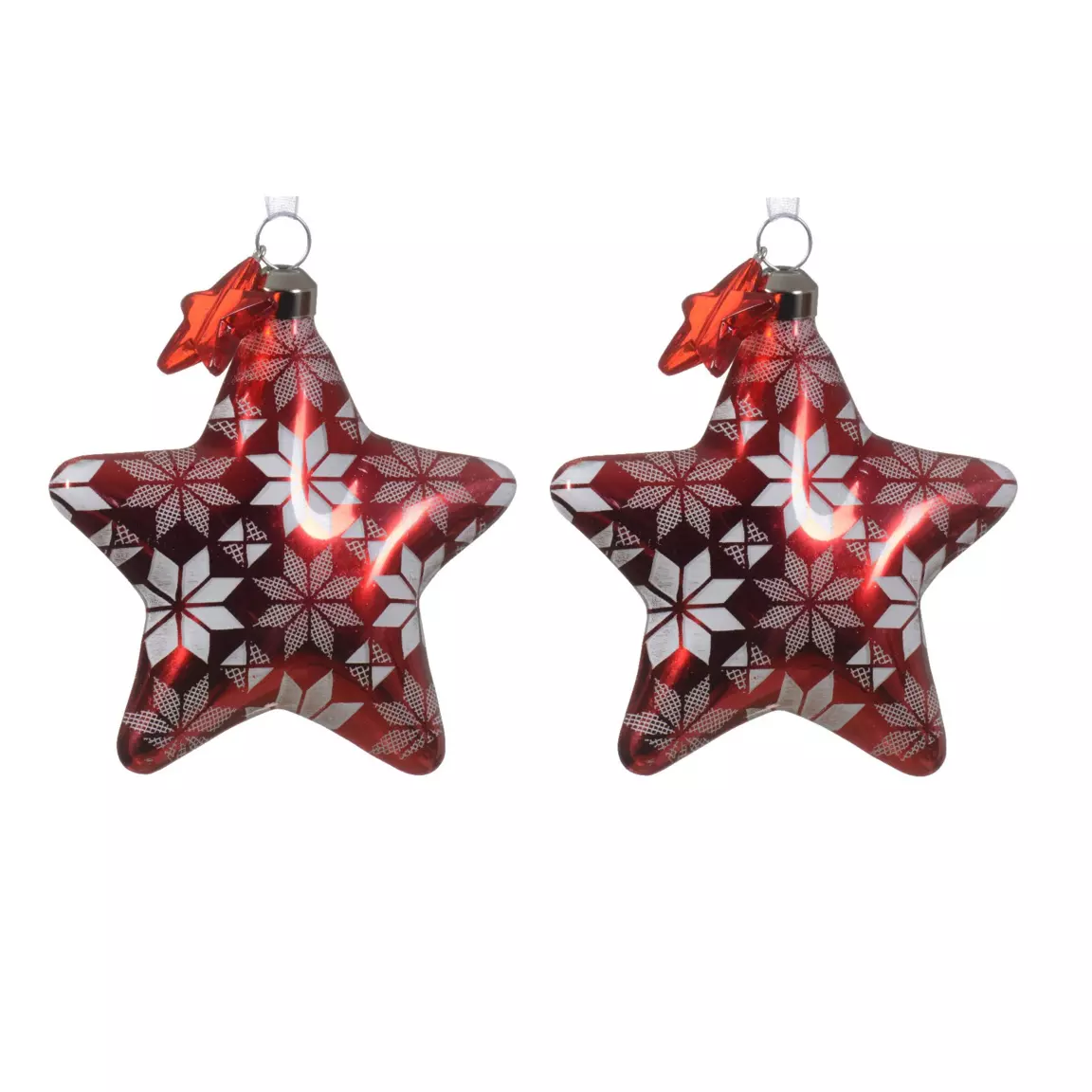 Lot de 2 étoiles de Noël à suspendre en verre (H8 cm) Floconées Rouge