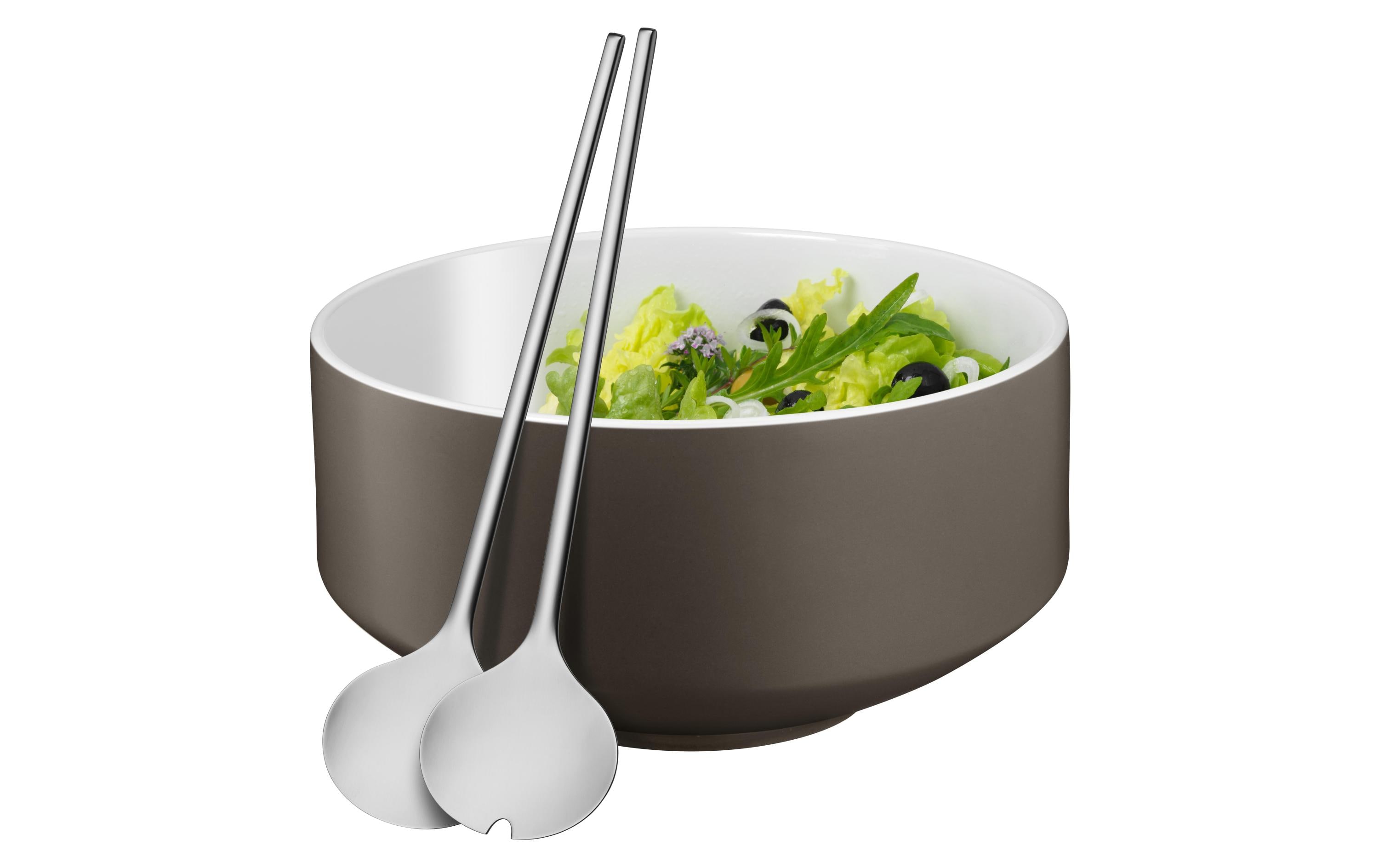 Salatschüssel Moto mit Besteck 26 cm, GrauSalatschale in Grau-Weiss mit Salatbesteck