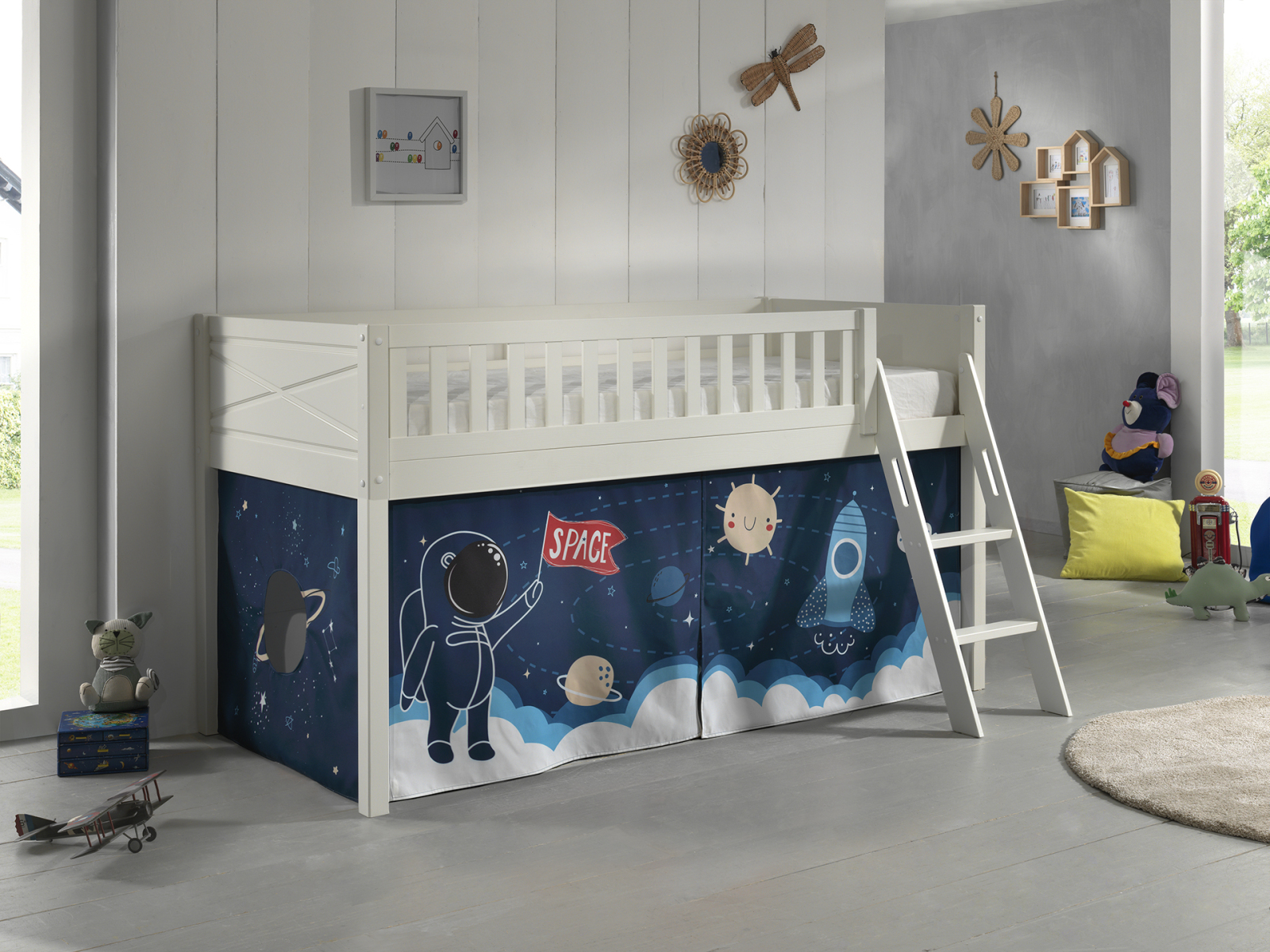 Spielbett SCOTT - weiß - Space Shuttle - mit Vorhang und Leiter - 90x200 cm