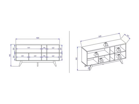 Buffet Bas 3 Portes 7 Niches Blanc et Chêne 5 Pieds Bois L 160 H 80.2 P 44.5 cm