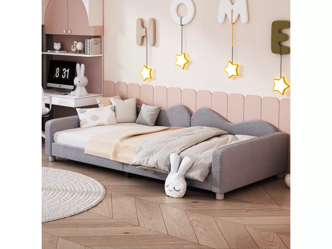Lit banquette capitonné - 90 x 200 cm - 2 tiroirs - tissu peluche - sommier à lattes - pour enfant ou bébé - gris