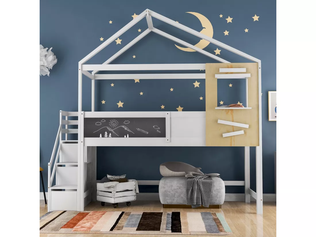 Lit mezzanine cabane 90x200cm avec escalier de rangement(3 tiroirs) en bois massif - Blanc