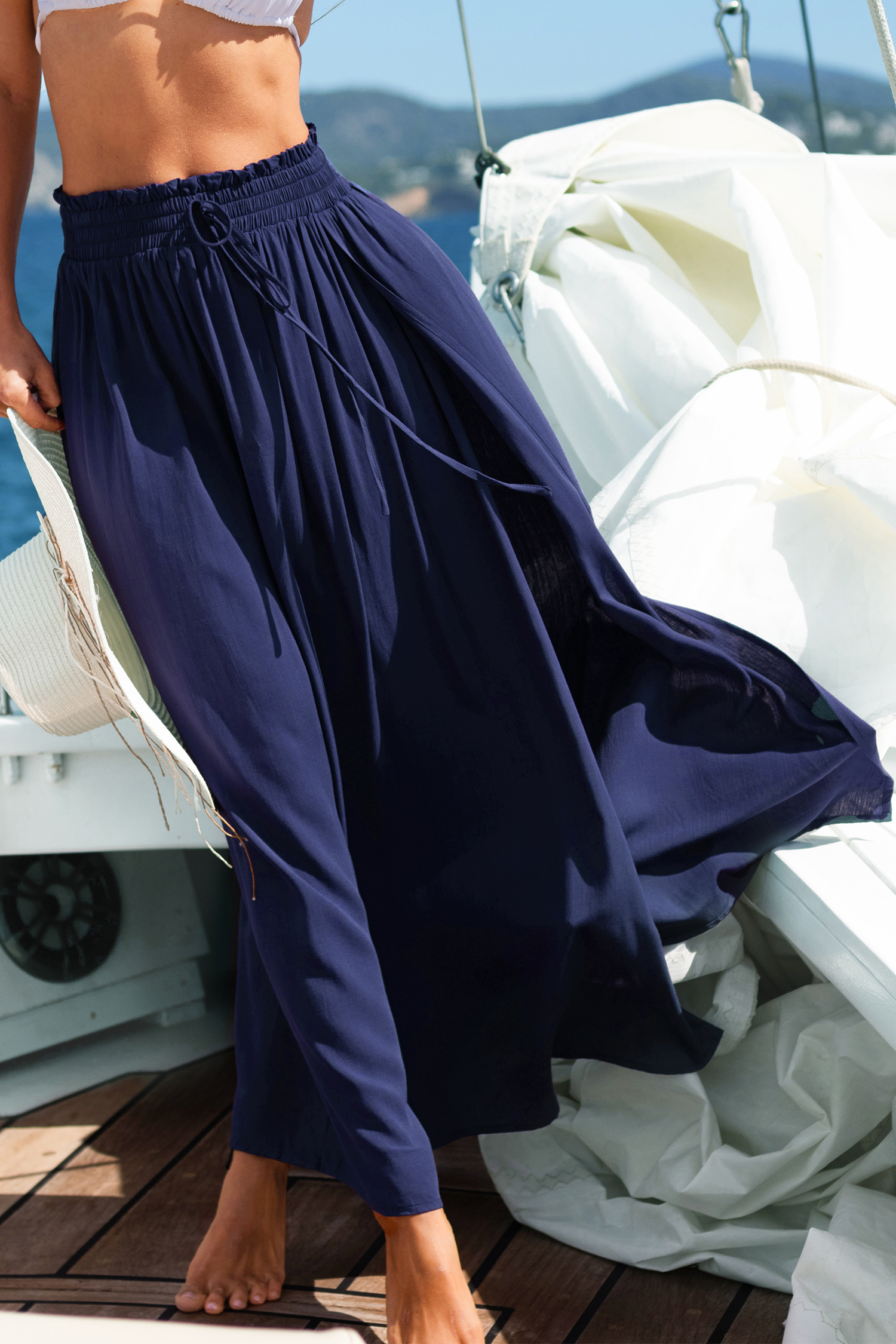 Jupe maxi avec taille à smocks bleue