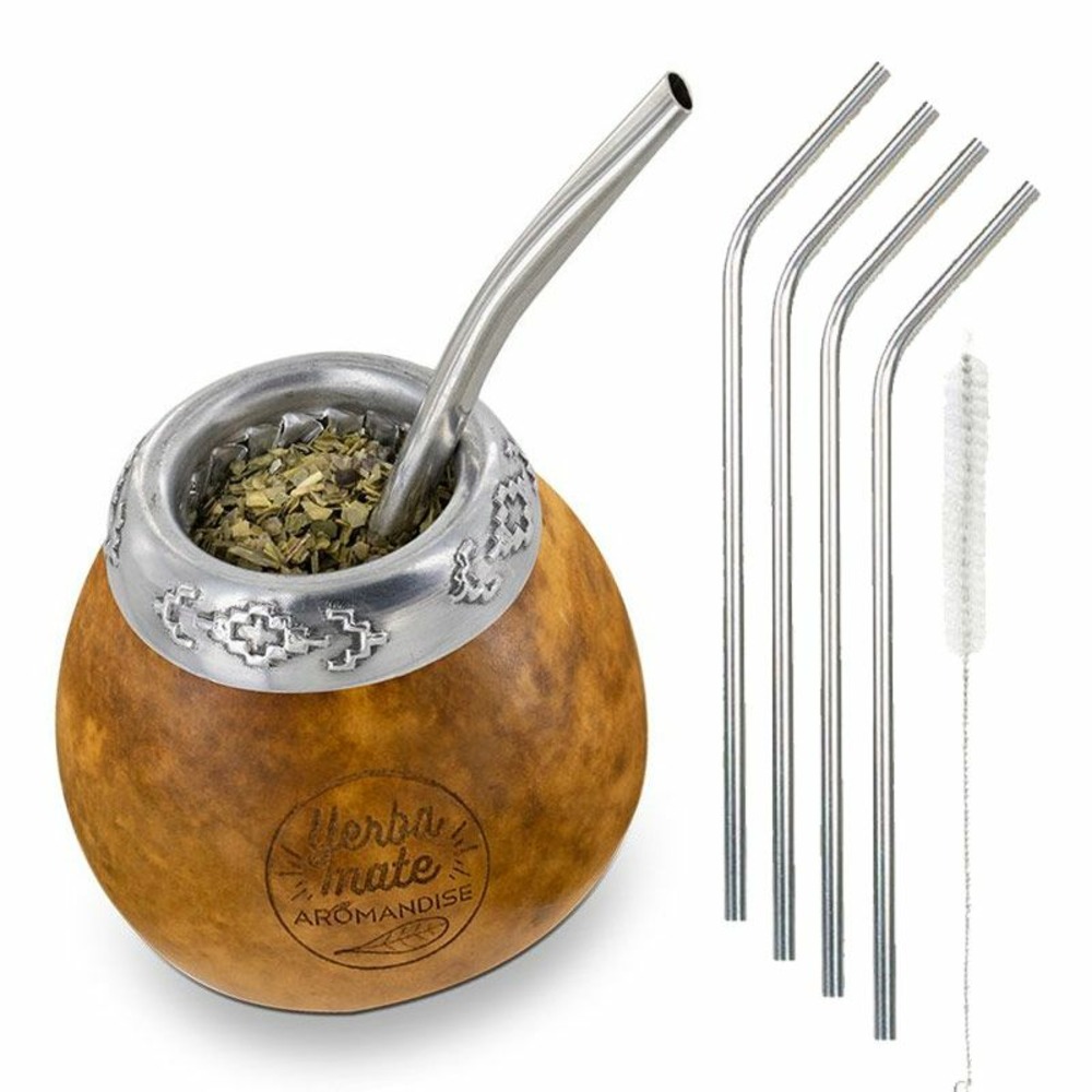 Calebasse et bombilla pour maté + 4 pailles en inox