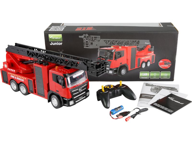 Amewi Arocs Feuerwehr Drehleiter RTR, 1:18 Feuerwehrfahrzeug mit Licht und Wasserwerfer im Massstab 1:18