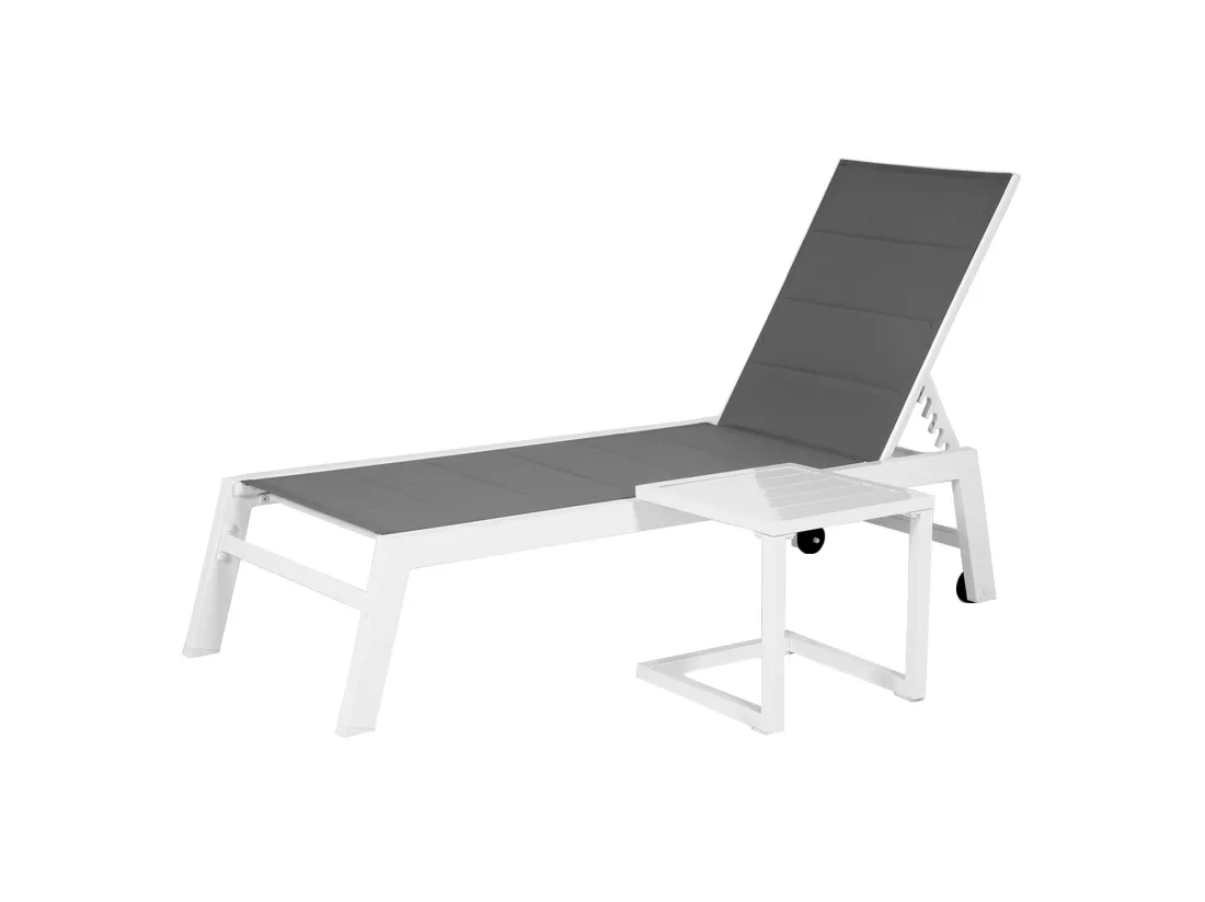 Set bain de soleil et table d'appoint BARBADOS en textilène gris - aluminium blanc - HAPPY GARDEN