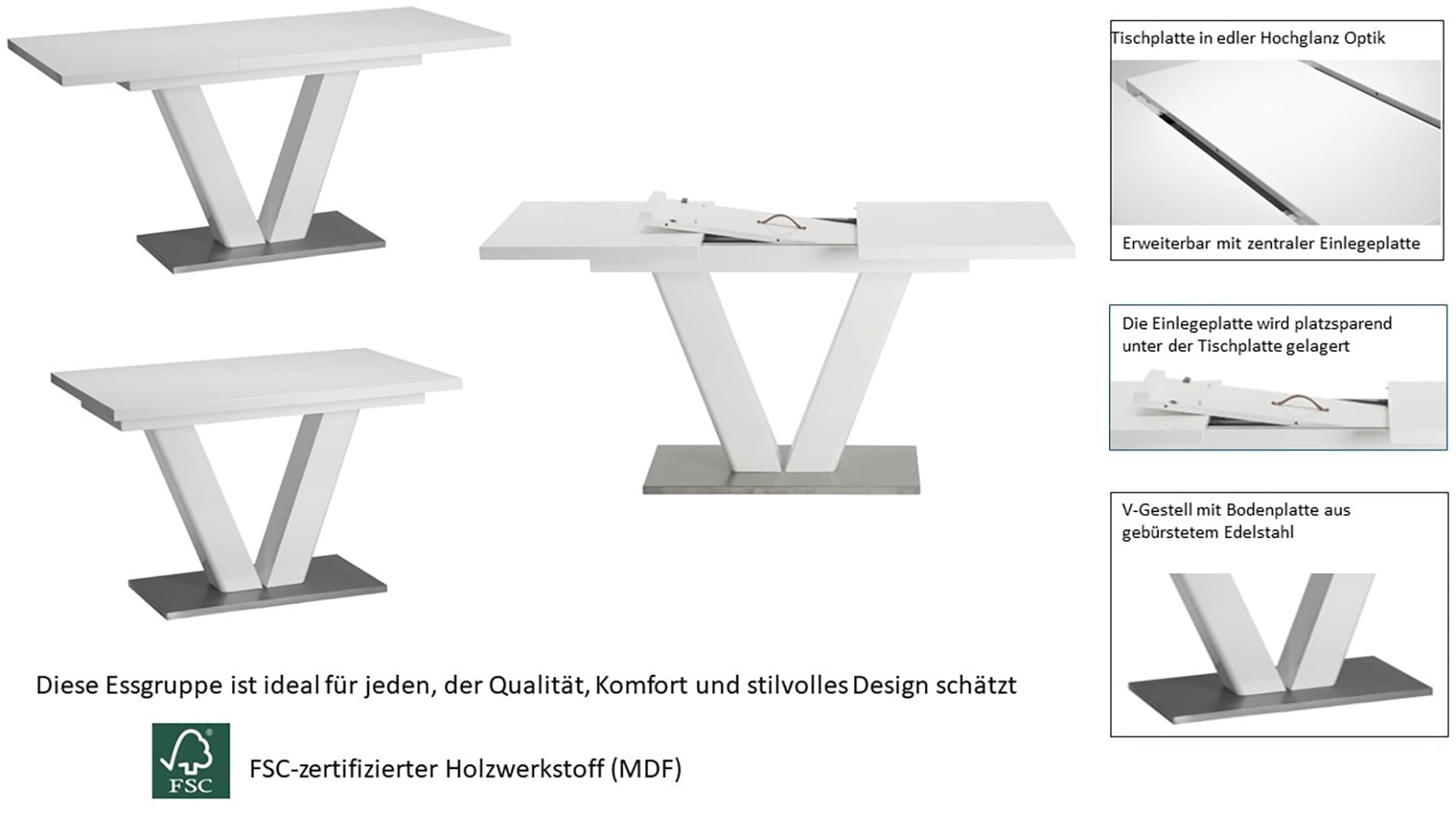 GOODproduct Essgruppe »Elbach, TOPSELLER!, OTTOs Choice« Set, 5 Stk. tlg. ausziehbar 120-160 cm, Hochglanz, Tischgruppe Freischwinger