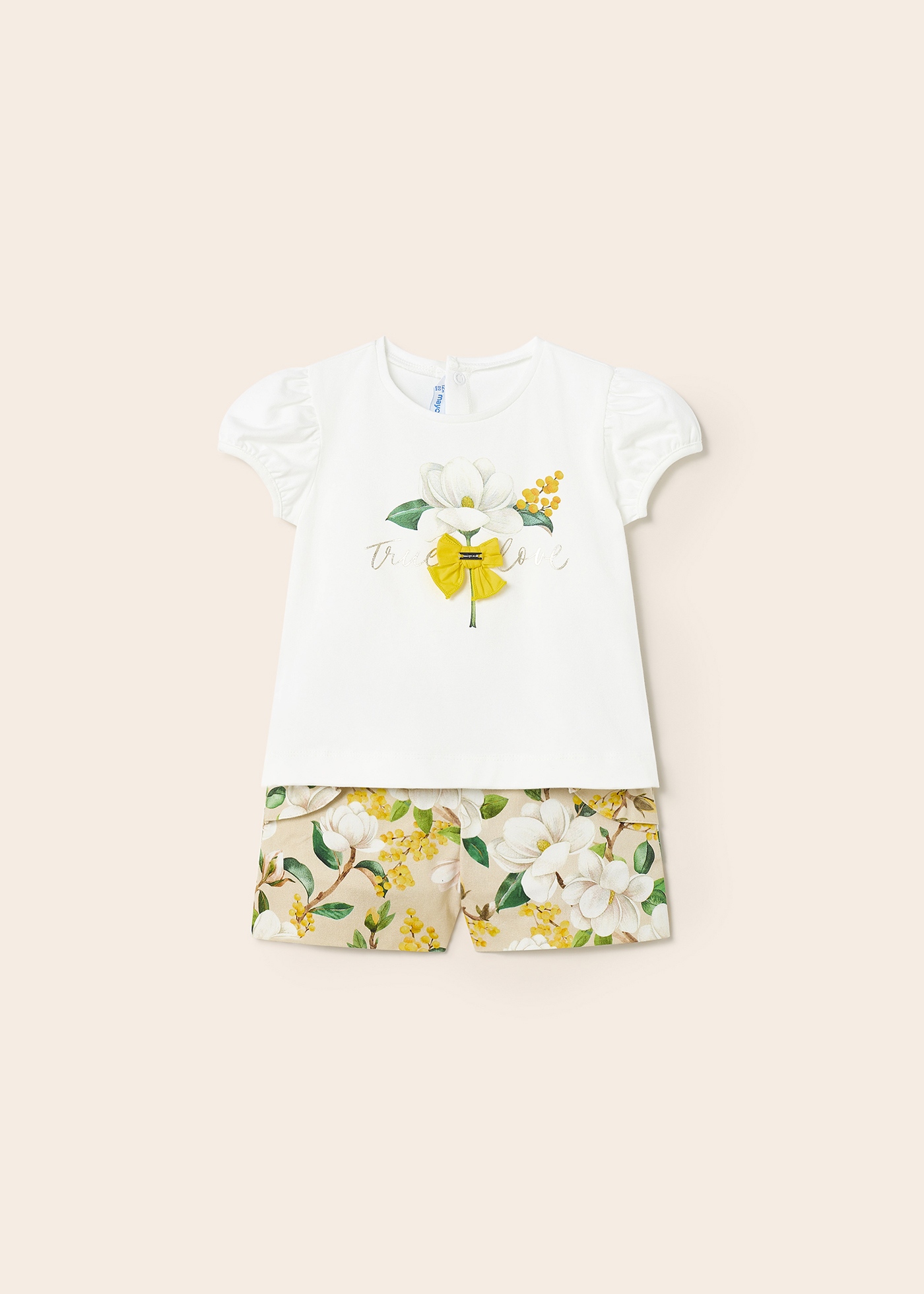Conjunto de duas peças com shorts de cetim de algodão para bebê