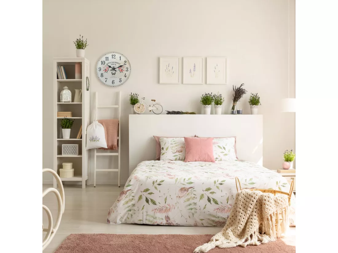 Horloge Murale Ronde Blanc Mdf Imprimé Floral Style Shabby