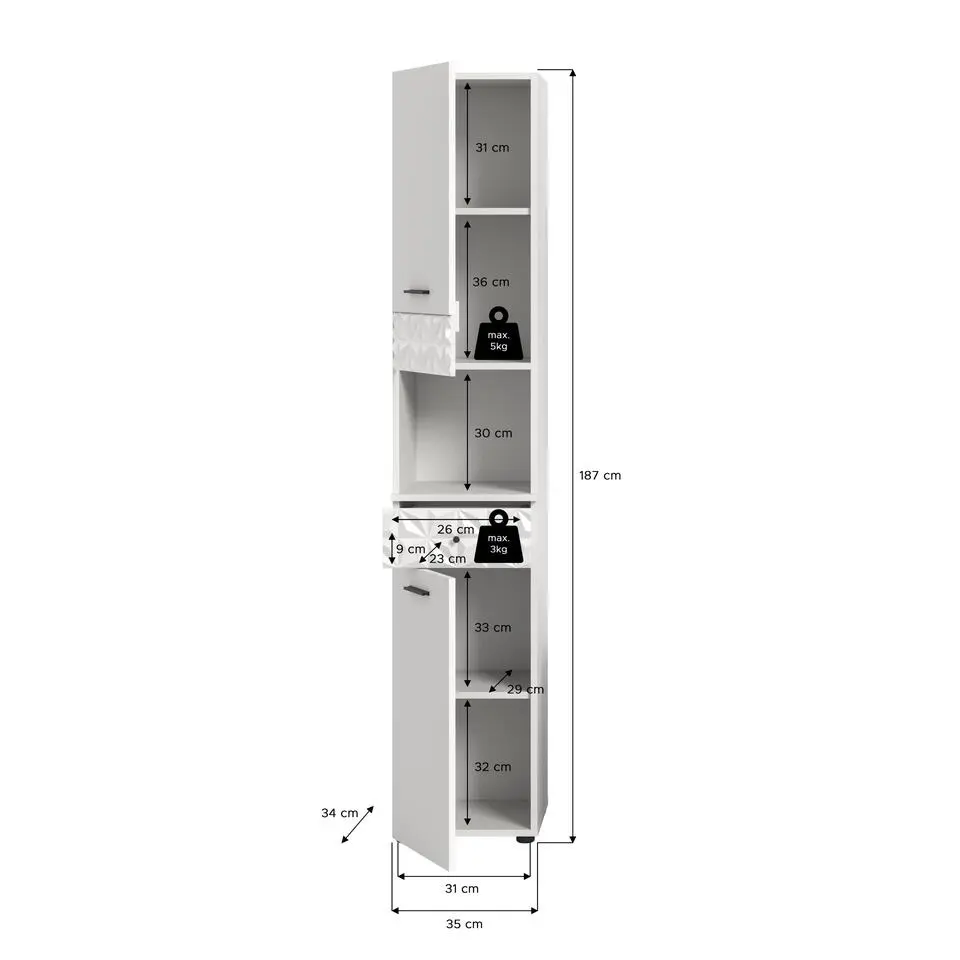 Hioshop Prisma kolomkast 2 deuren- 1 lade- 1 plank wit