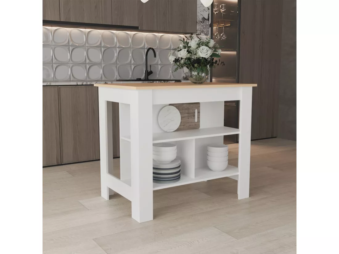 Ilot de cuisine Cala en mélamine avec 3 étagères , Rovere / Blanc , 90 cm X 103 cm X 70 cm