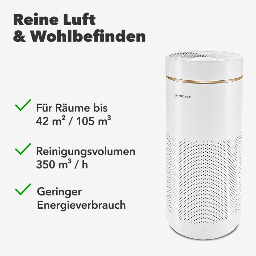TROTEC AirgoClean 170+ Luftreiniger – HEPA Filter für Allergiker – Räume bis 42 m² /105 m³, Luftfilter entfernt 99,97% aller Partikel, Gebläsestufen 5 mit Turbo-Modus, weiß