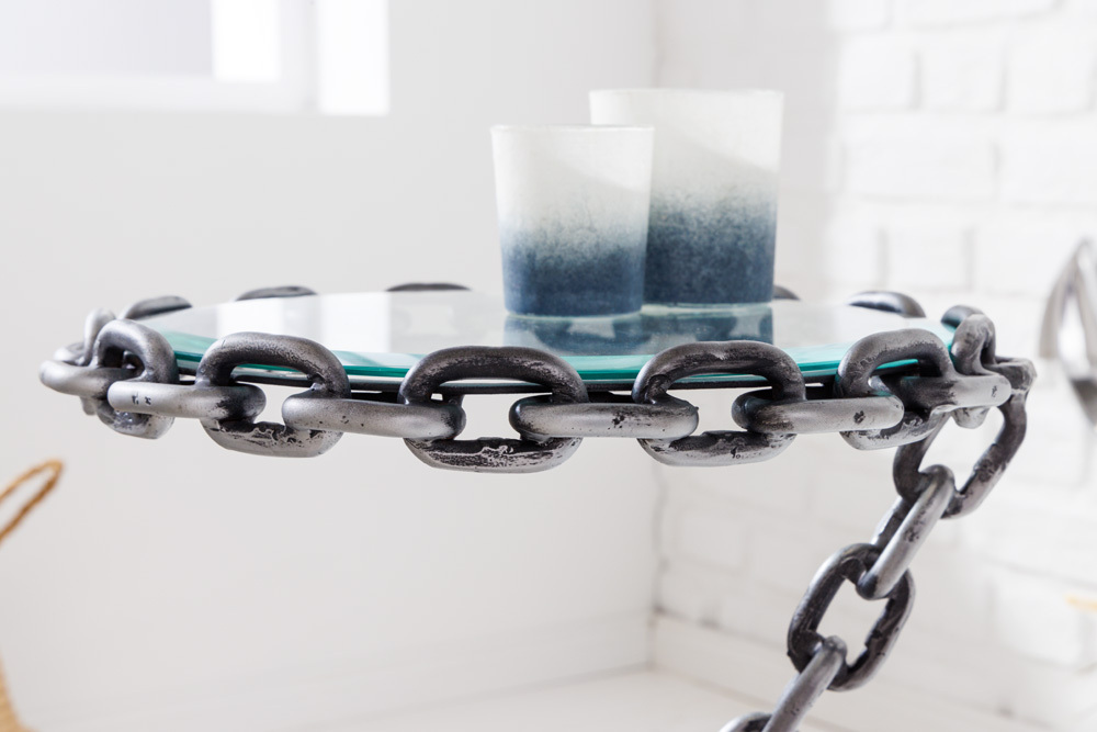 Design Beistelltisch CHAINS 35cm silber handmade Metall rund Glasplatte Kettengestell