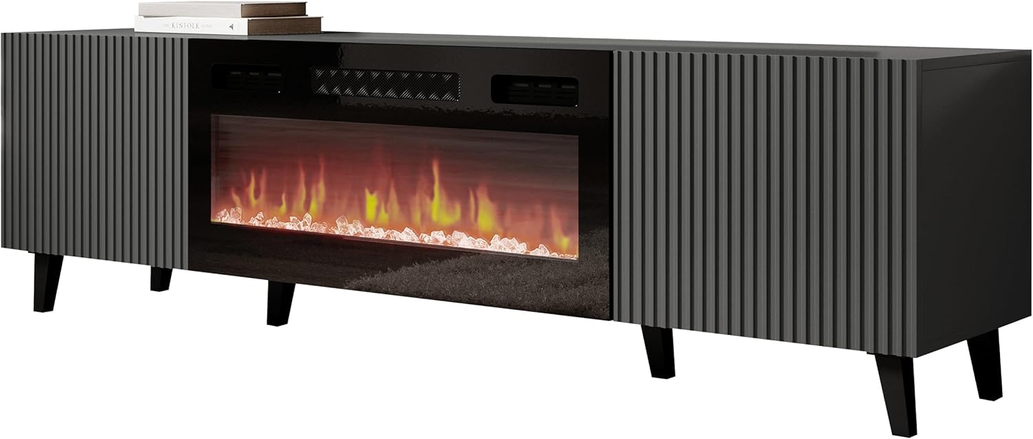 Mirjan24 TV Lowboard Vailbo Grey 180 mit Elektrischem Kamin, Fernsehschrank, Fernsehtisch, Unterschrank, Realistische LED-Flamme, Mit Deko-Kristallen, Board, Schrank, TV-Bank (Anthrazit)