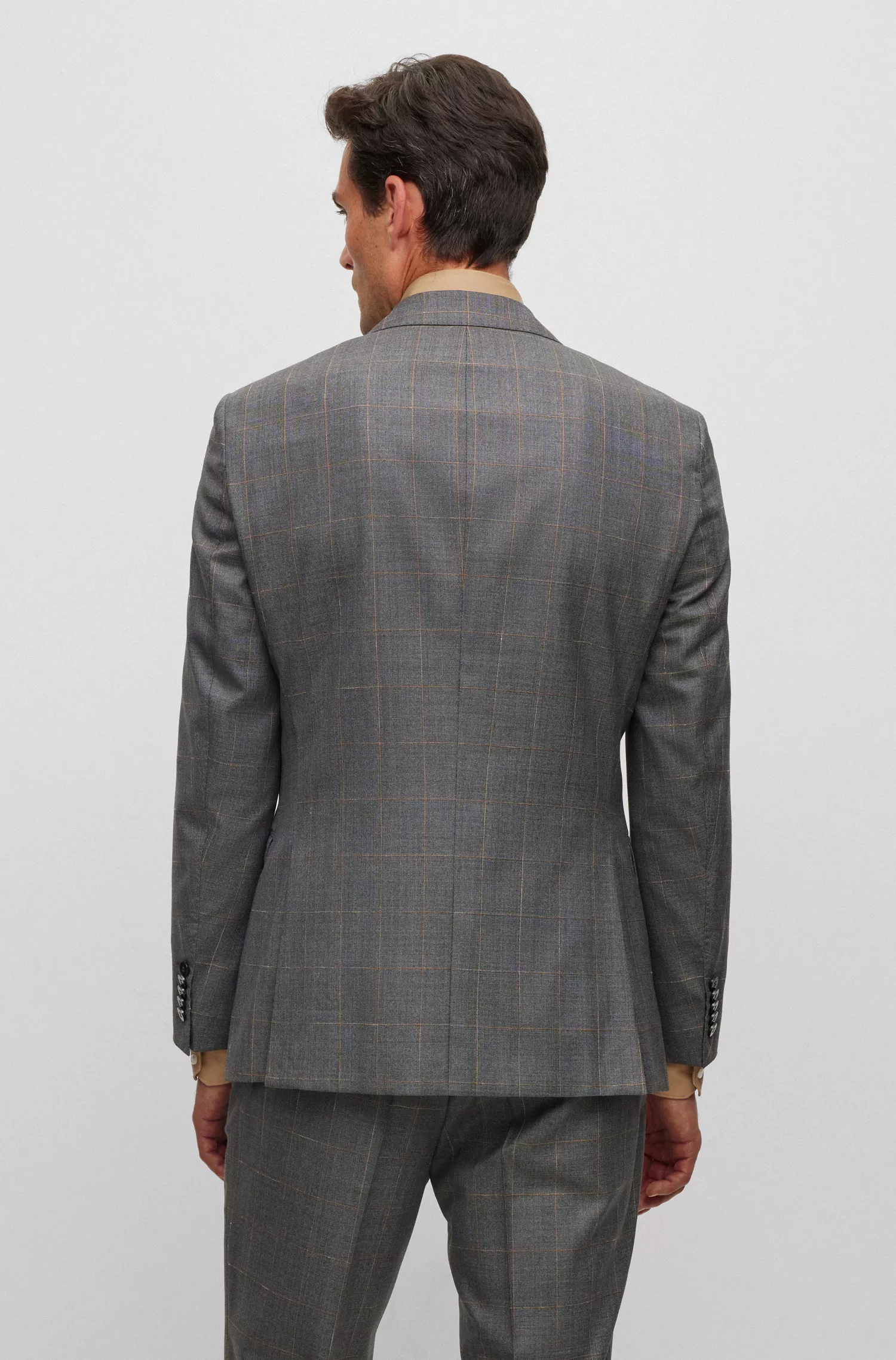 Terno BOSS Camel Slim-fit em lã virgem xadrez