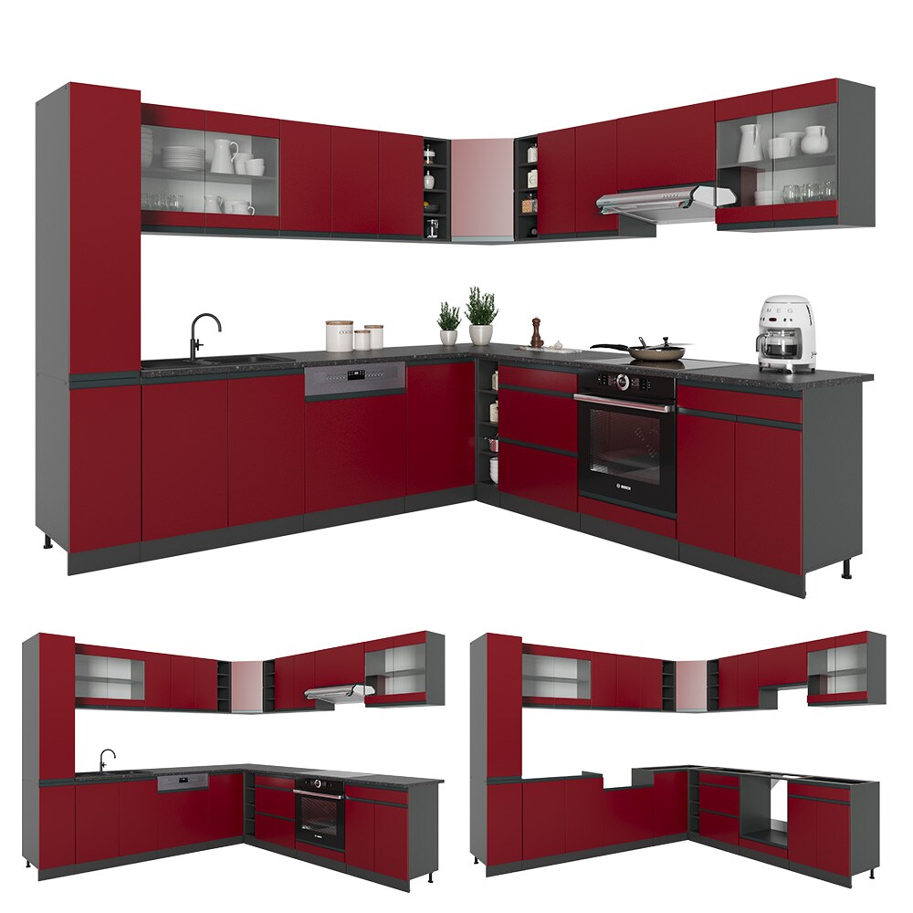 Vicco Eckküche Küchenblock Einbauküche R-Line J-Shape Anthrazit Rot 277x257 cm modern Küchenschränke Küchenmöbel