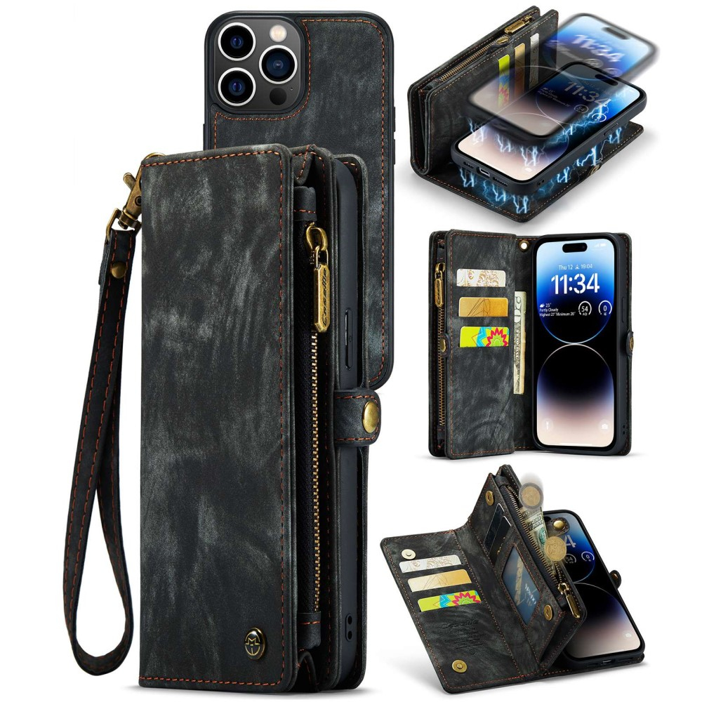 iPhone 14 Pro Max 2in1 Leder Tasche   Magnet Hardcase Karten Etui - Schwarz