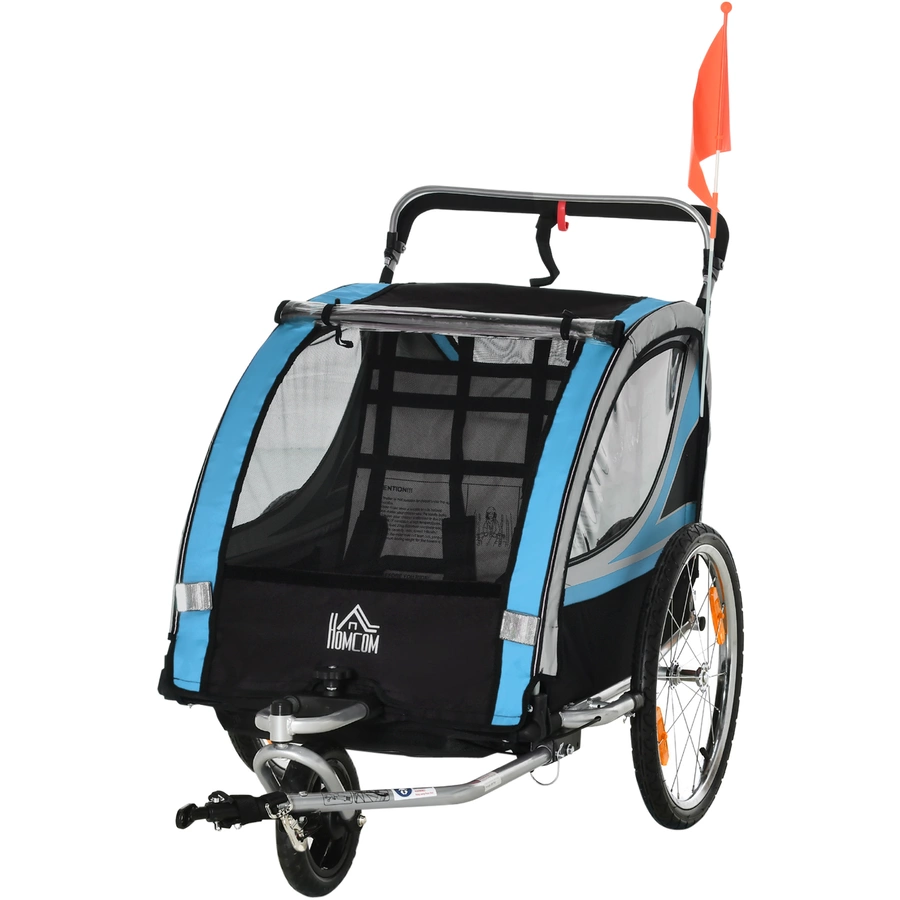 HOMCOM Kinderfahrradanhänger mit Aufbewahrungstasche blau, grau, schwarz, silber