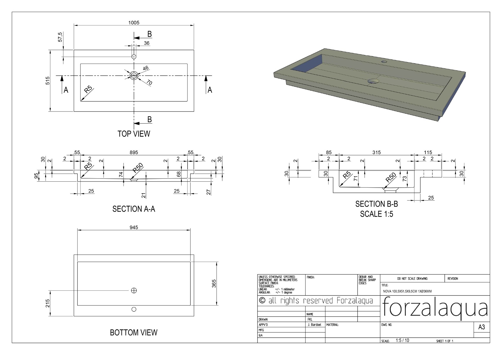 Forzalaqua Nova wastafel 100x50cm met kraangat carrara gepolijst